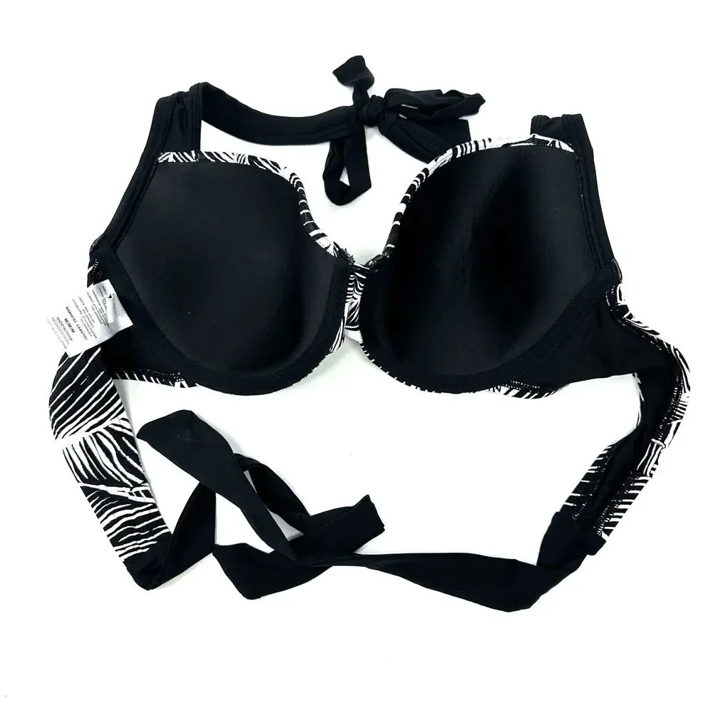 Calvin Klein Size M Tie Strap Swimsuit Top Black White Palm Leaf Print Beachwear